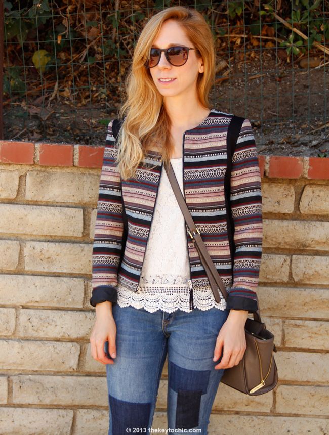 L.A. fashion blogger The Key To Chic wearing H&M jacquard jacket, patchwork jeans, and Phillip Lim for Target taupe mini satchel