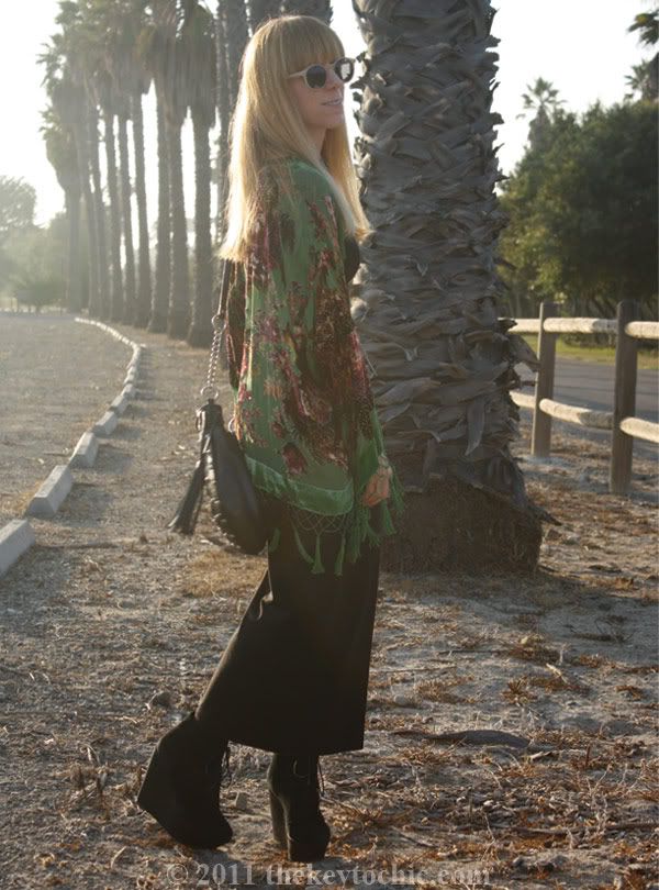 beaded fringe kimono, H&M maxi dress, Topshop Amie wedges, California fashion blog
