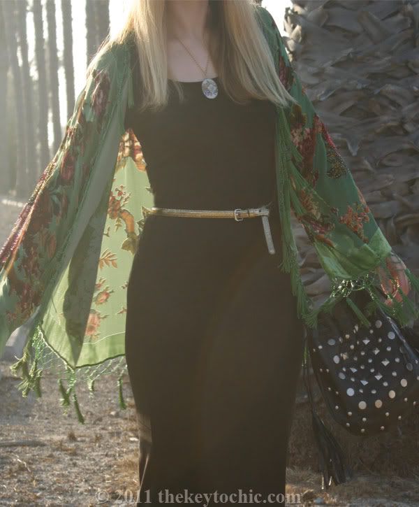 beaded fringe kimono, H&M maxi dress, Topshop Amie wedges, California fashion blog