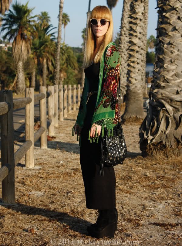 beaded fringe kimono, H&M maxi dress, Topshop Amie wedges, California fashion blog