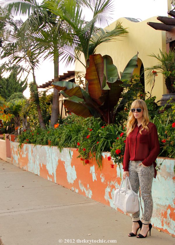 burgundy oxblood blouse, Zara black ankle strap heels, Current/Elliott snake print jeans, Los Angeles street style, The Key To Chic