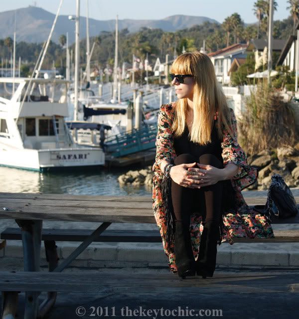 Unif the robe in bouquet, Asos fringe leggings, Bakers Susie boots, Los Angeles fashion blog