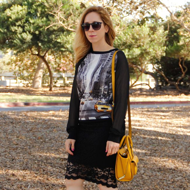 LA fashion blogger The Key To Chis wears an Elie Tahari for Kohl's georgette taxi top with a lace pencil skirt and Boohoo heels.