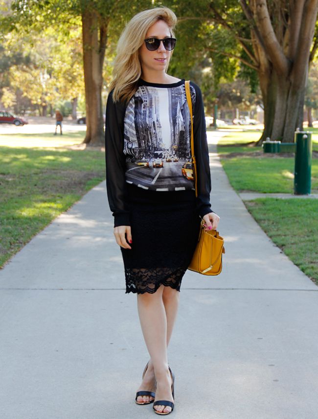 LA fashion blogger The Key To Chis wears an Elie Tahari for Kohl's georgette taxi top with a lace pencil skirt and Boohoo heels.