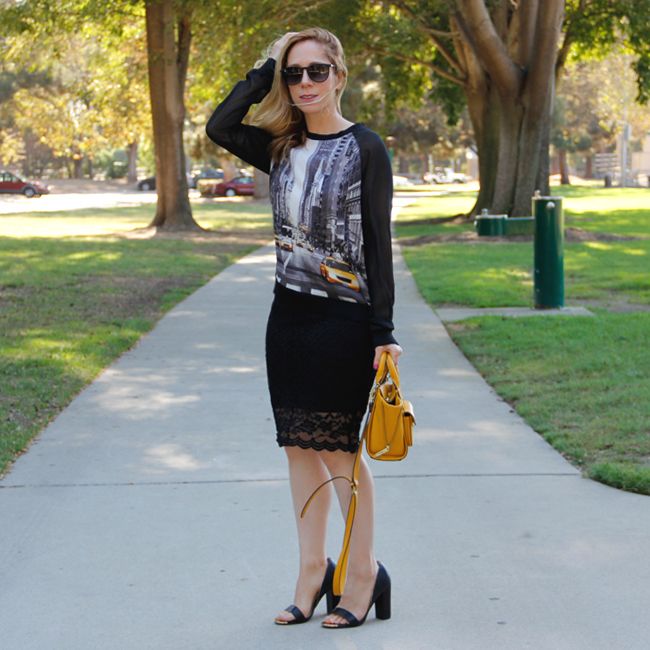 LA fashion blogger The Key To Chis wears an Elie Tahari for Kohl's georgette taxi top with a lace pencil skirt and Boohoo heels.