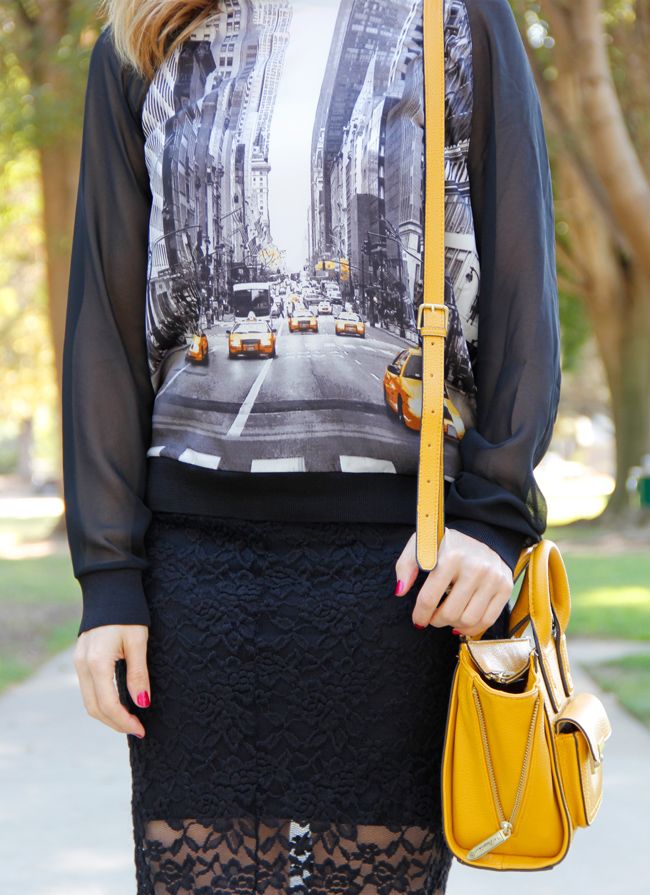 LA fashion blogger The Key To Chis wears an Elie Tahari for Kohl's georgette taxi top with a lace pencil skirt and Boohoo heels.