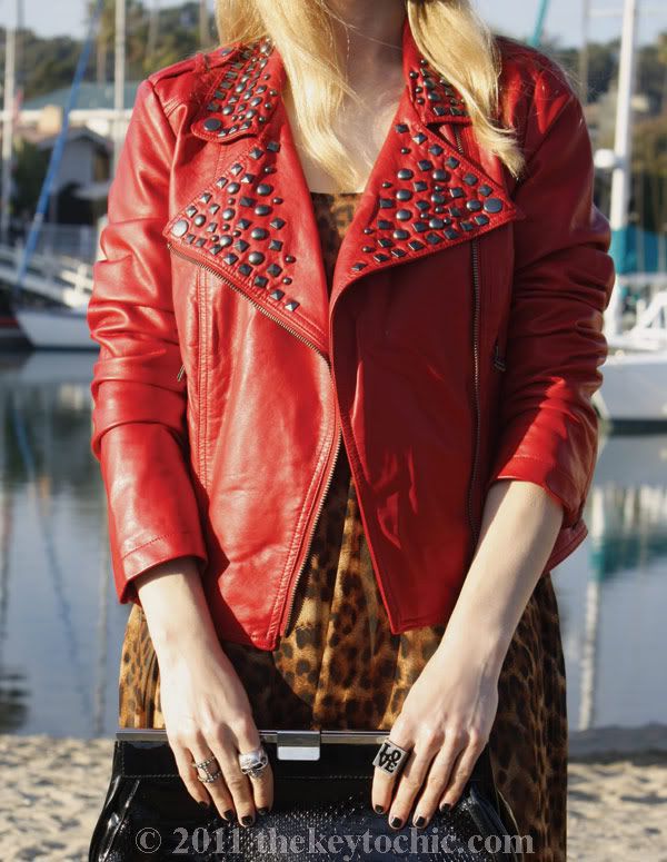 Forever 21 red studded moto biker jacket, leopard high low hem dress, Sam Edelman Louie boots, California fashion blog, Los Angeles fashion blog