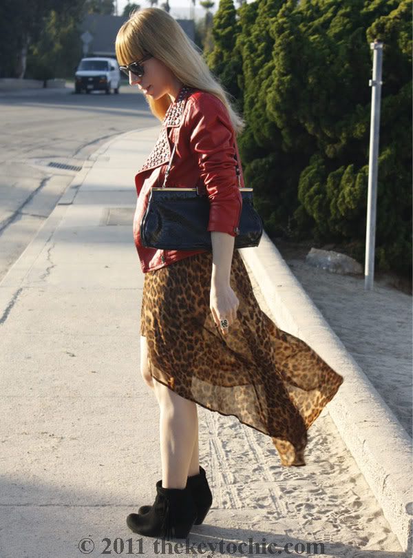 Forever 21 red studded moto biker jacket, leopard high low hem dress, Sam Edelman Louie boots, California fashion blog, Los Angeles fashion blog