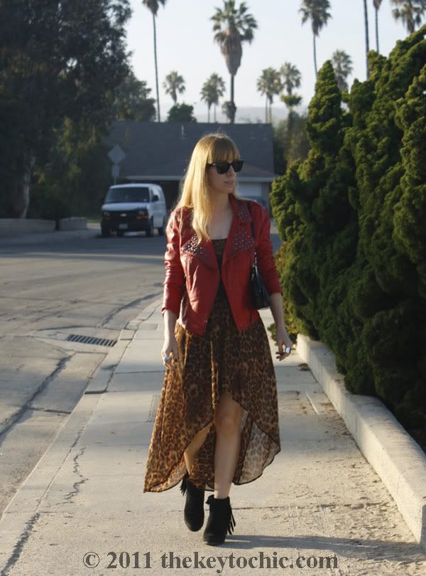 Forever 21 red studded moto biker jacket, leopard high low hem dress, Sam Edelman Louie boots, California fashion blog, Los Angeles fashion blog