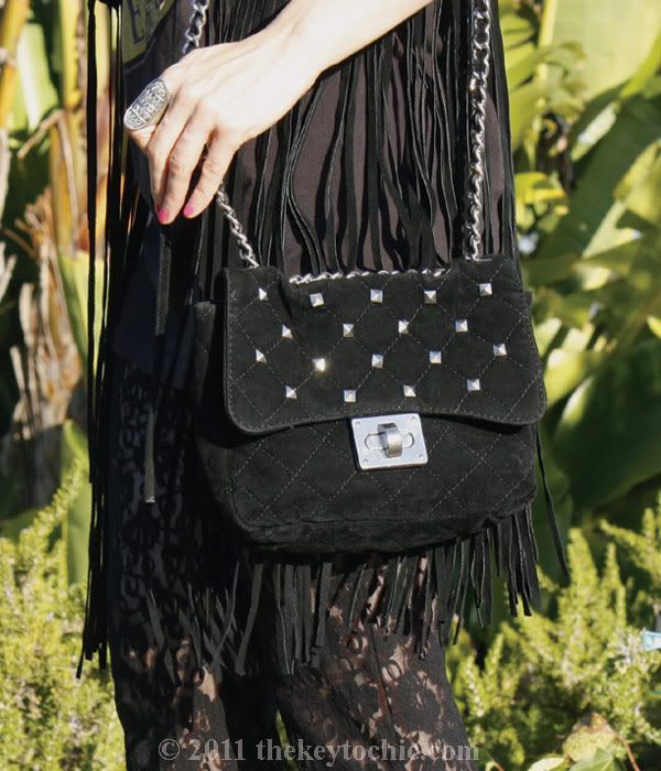 Suede fringe vest, lace bell bottoms, studded bag, Steve Madden Wicked leopard wedges, Los Angeles fashion blog