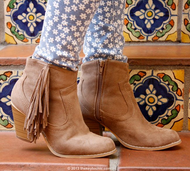 Wet Seal fringe ankle boots with Topshop Moto daisy floral jeans