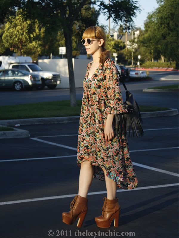 Forever 21 floral high low dress, Unif the robe in bouquet, floral kimono top, Steve Madden Collosul boots, Los Angeles fashion blog