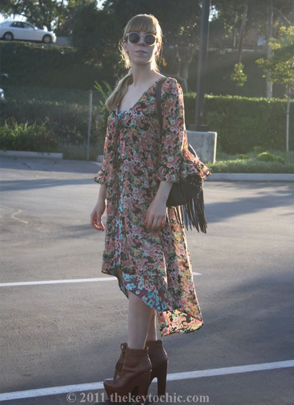 Forever 21 floral high low dress, Unif the robe in bouquet, floral kimono top, Steve Madden Collosul boots, Los Angeles fashion blog