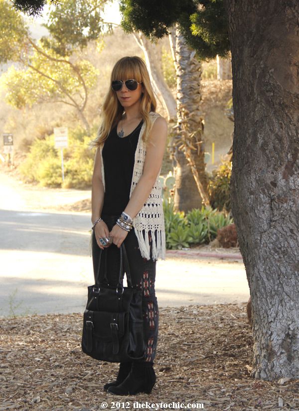 crochet fringe vest, BDG embroidered jeans, Sam Edelman Louie fringe ankle boots, Los Angeles fashion blog