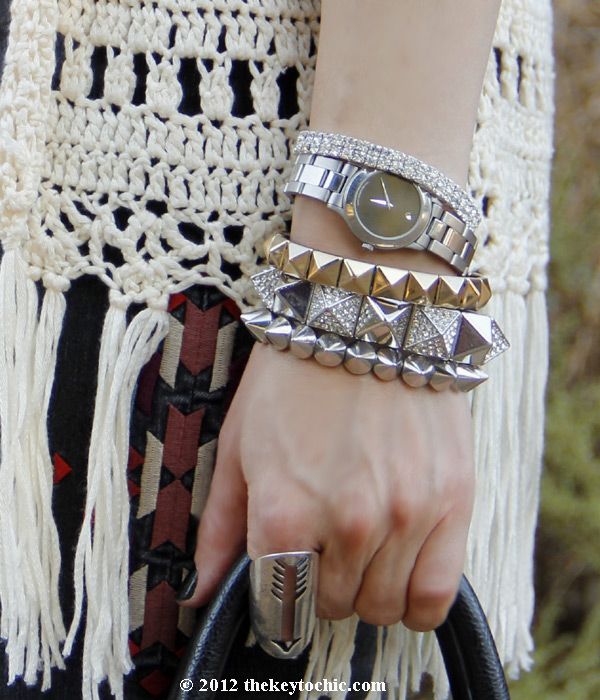 crochet fringe vest, studded bracelets, layered jewelry, BDG embroidered jeans, Sam Edelman Louie boots, Los Angeles fashion blog