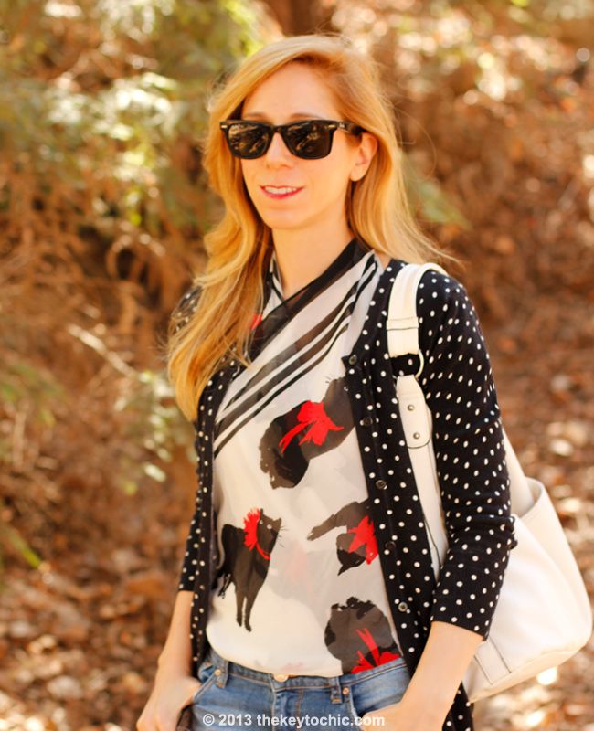 L.A. fashion blogger wearing Jason Wu for Target scarf, Merona polka dot cardigan, Zara boyfriend jeans
