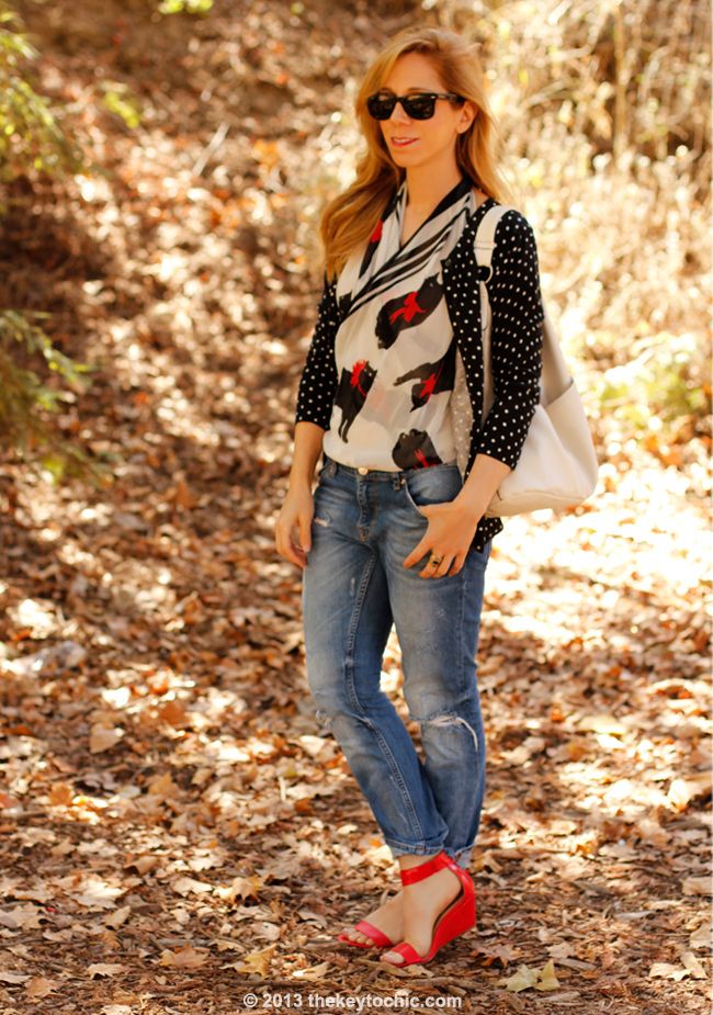 L.A. fashion blogger wearing Jason Wu for cat Target scarf, Merona polka dot cardigan, Zara boyfriend jeans, and red Prabal Gurung for Target wedges