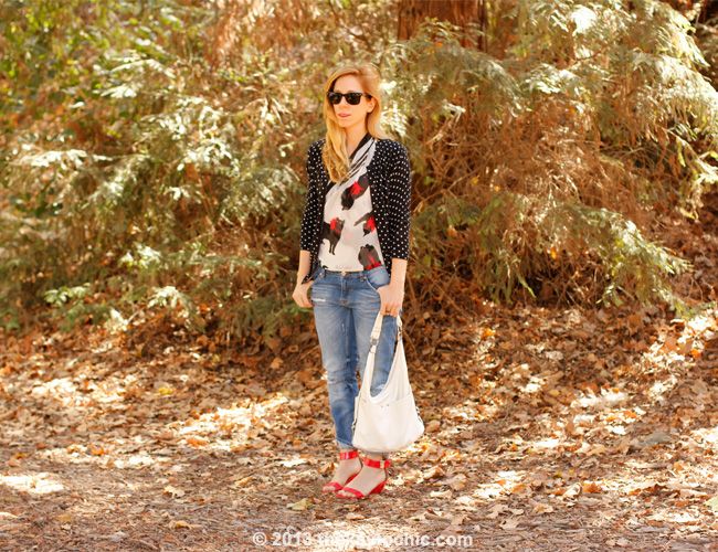 L.A. fashion blogger wearing Jason Wu for Target scarf, Merona polka dot cardigan, Zara boyfriend jeans, and Prabal Gurung for Target wedges