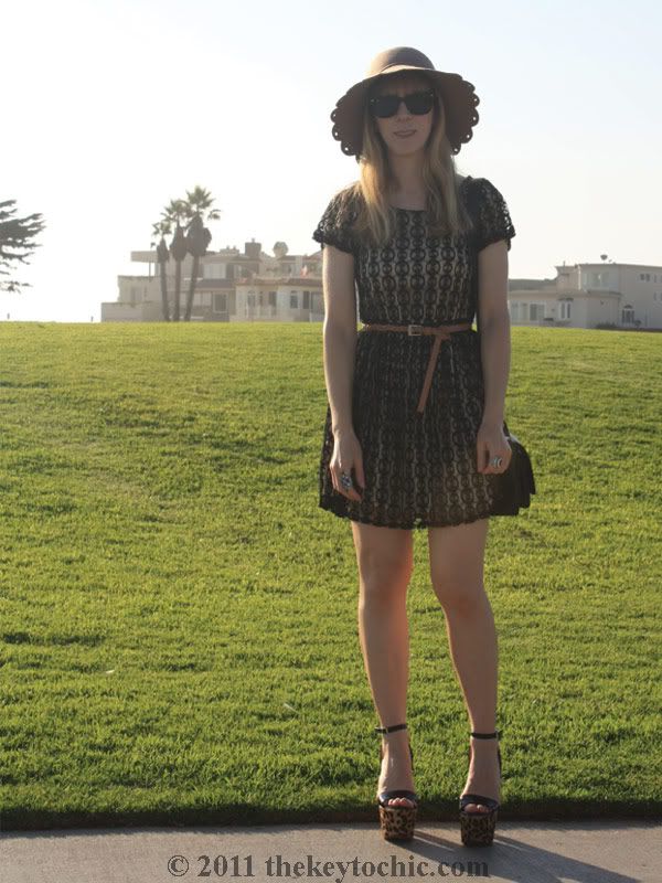 Forever 21 lace dress, Steve Madden Shazzam leopard heels, scalloped floppy hat, California fashion blog