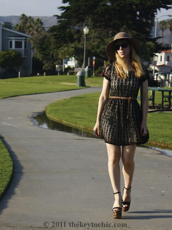Forever 21 lace dress, Steve Madden Shazzam leopard heels, scalloped floppy hat, California fashion blog