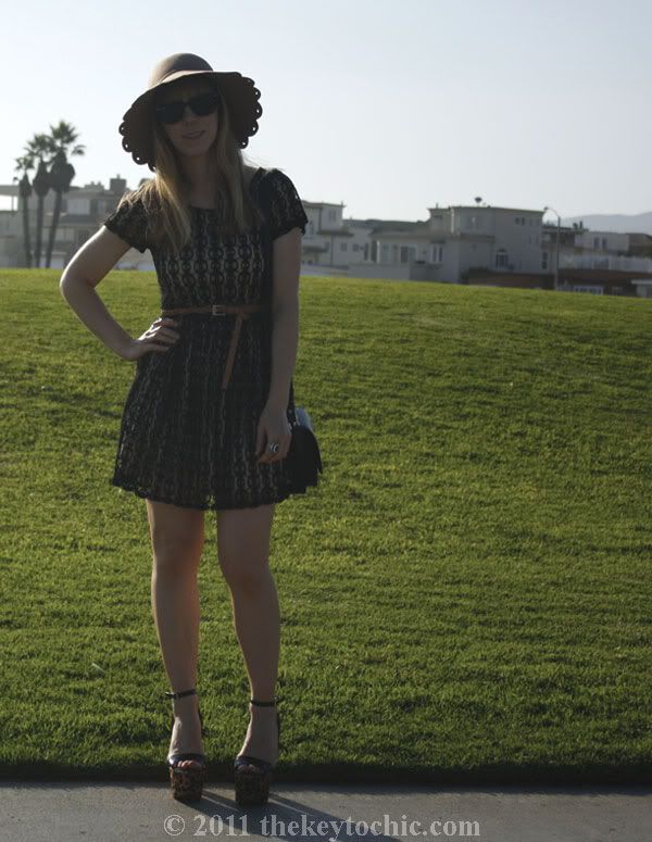 Forever 21 lace dress, Steve Madden Shazzam leopard heels, scalloped floppy hat, California fashion blog