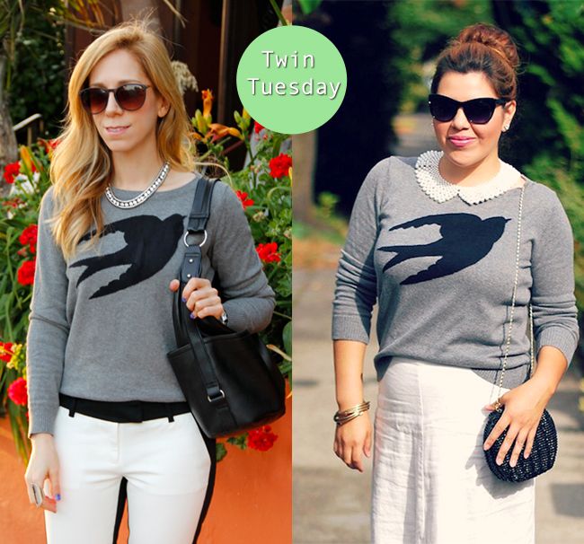 fashion bloggers wearing Target Mossimo bird swallow print sweater, Twin Tuesday blogger feature
