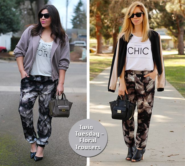 Target Style bloggers wear Mossimo drapey floral trousers for Twin Tuesday