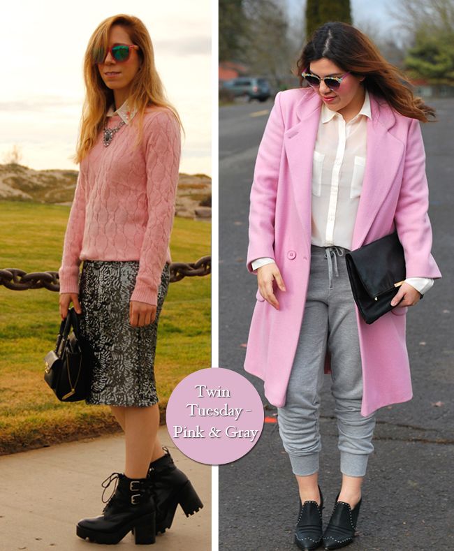 fashion bloggers The Key To Chic and The Love Hanger wear pink and gray for Twin Tuesday, pink and gray color trend 2014