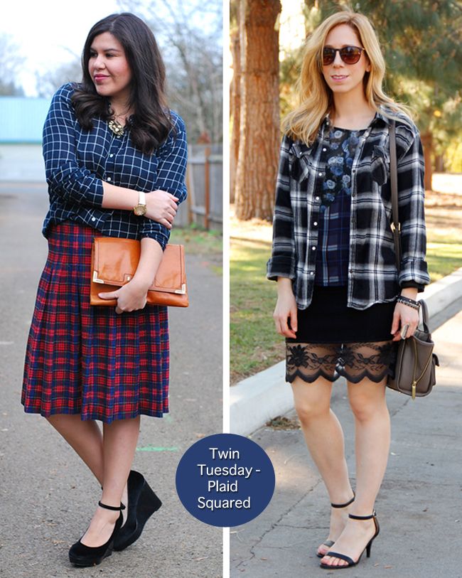 Fashion bloggers The Key To Chic and The Love Hanger wear plaid on plaid for Twin Tuesday