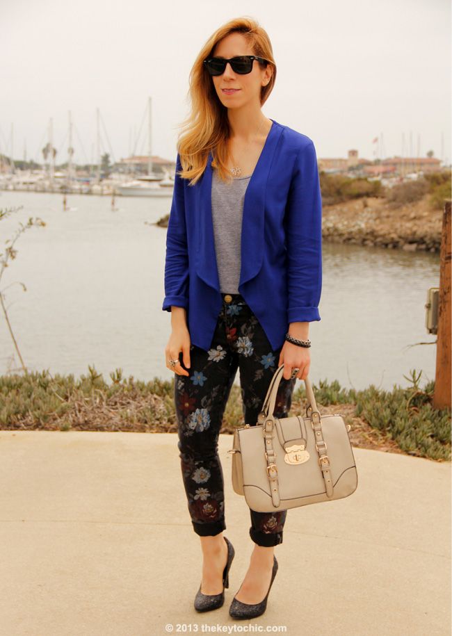 Los Angeles fashion blogger wearing gray wool fedora hat from Target, American Apparel top, blazer c/o Wallis, Current/Elliott floral jeans, New Look bag, and Mossimo glitter pumps