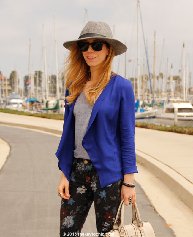 Los Angeles fashion blogger wearing gray wool fedora hat from Target, American Apparel top, jacket c/o Wallis, Current/Elliott floral stiletto jeans