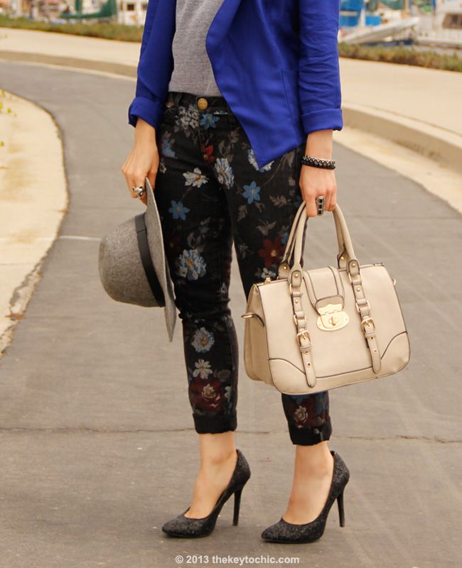 Los Angeles fashion blogger wearing gray wool fedora hat from Target, American Apparel top, jacket c/o Wallis, Current/Elliott floral jeans, New Look bag, and Mossimo glitter pumps