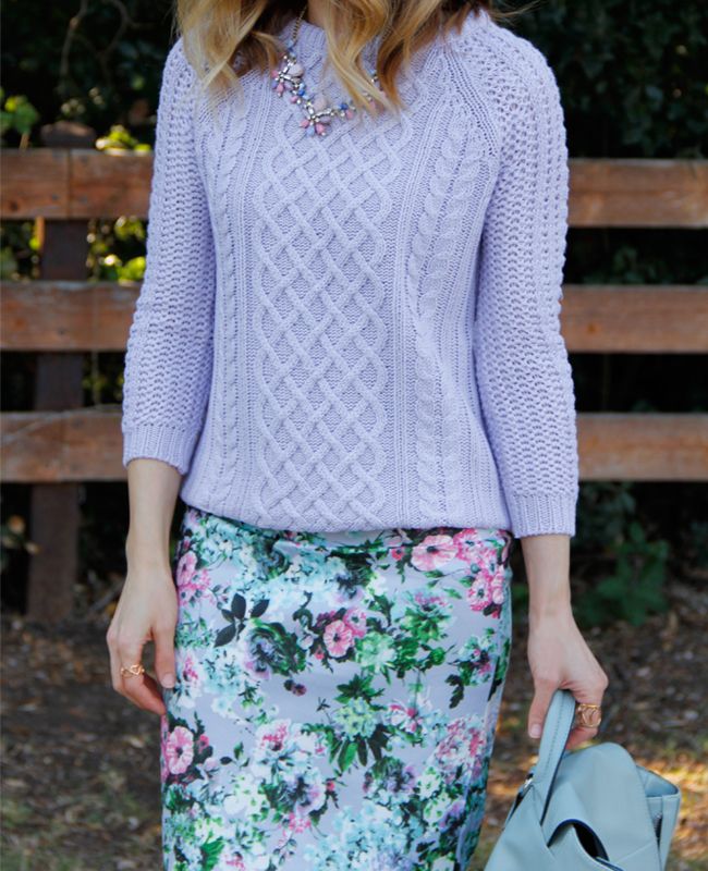 Fashion blogger The Key To Chic wears a Zara cable knit sweater with a Foreign Exchange floral pencil skirt and Mossimo zipped backpack.