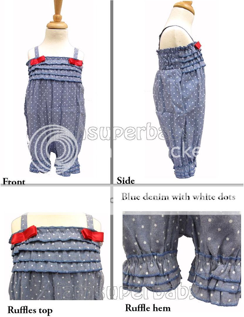 blue denim with white dots ruffle dungarees new cotton blend