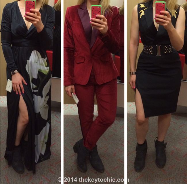 Altuzarra for Target orchid maxi dress, red velvet blazer, and crane dress