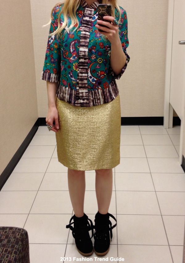 Duro Olowu for JCPenney mixed print paisley jacket and gold brocade pencil skirt