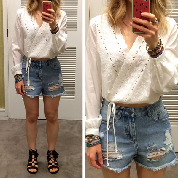 Kendall and Kylie at Topshop distressed Denim Shorts and embroidered surplice Top