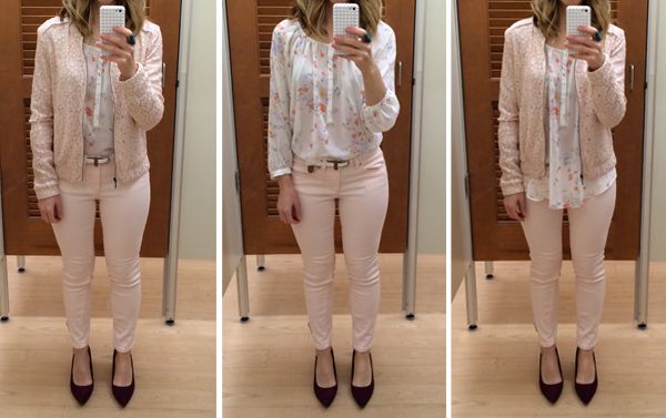 LC Lauren Conrad Kohl's pink skinny jeans, floral blouse, and lace bomber jacket