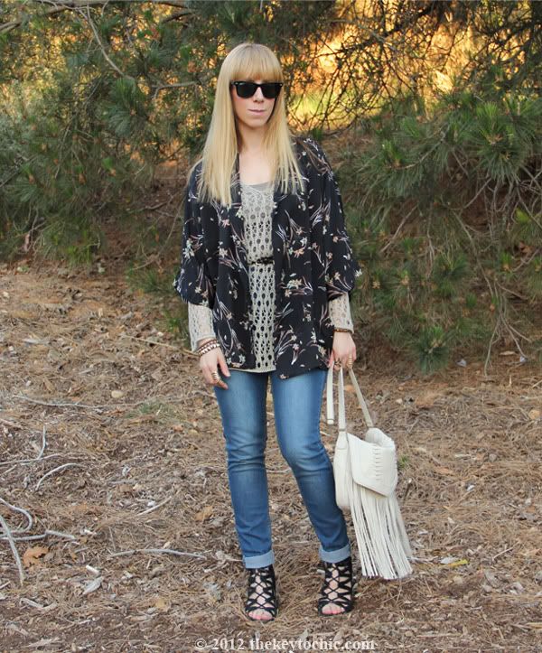 Forever 21 kimono, Velvet crochet tunic, Cheap Monday Jeans, Mossimo fringe handbag, Aldo Maune wedges, Los Angeles personal style blog