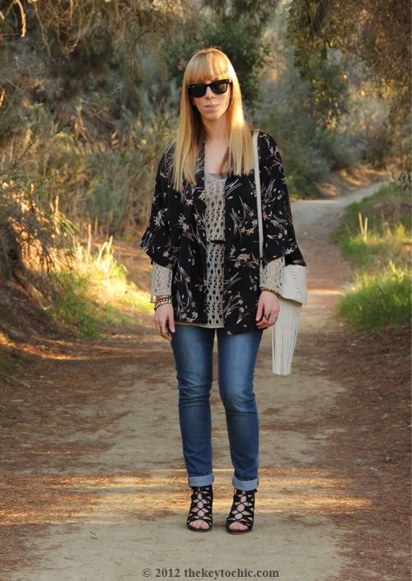 Forever 21 kimono, Velvet crochet tunic, Cheap Monday Jeans, Mossimo fringe handbag, Aldo Maune wedges, Los Angeles personal style blog