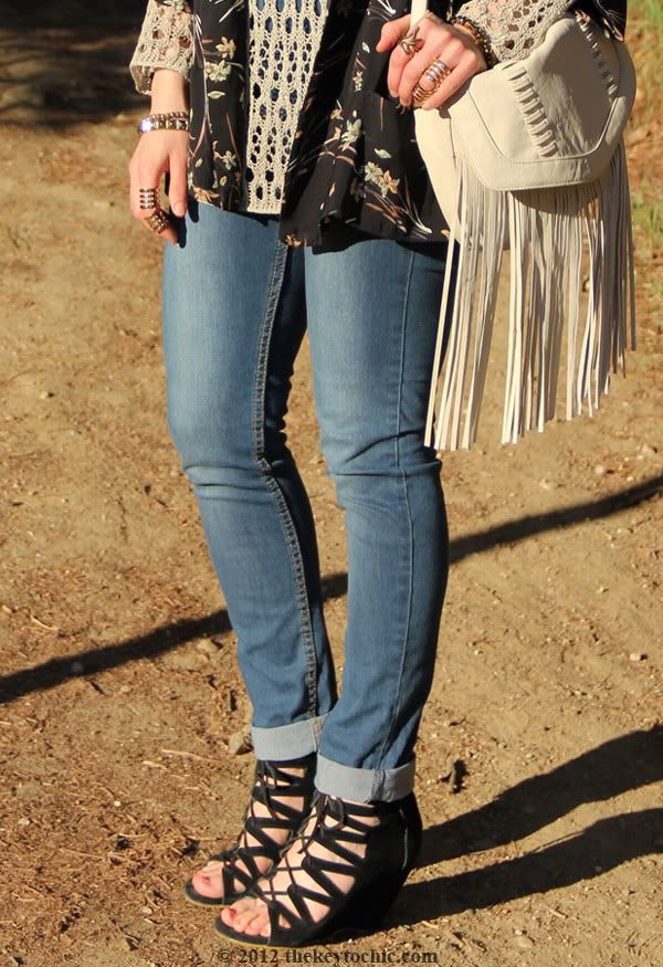Forever 21 kimono, Velvet crochet tunic, Cheap Monday Jeans, Mossimo fringe handbag, Aldo Maune wedges, Los Angeles personal style blog