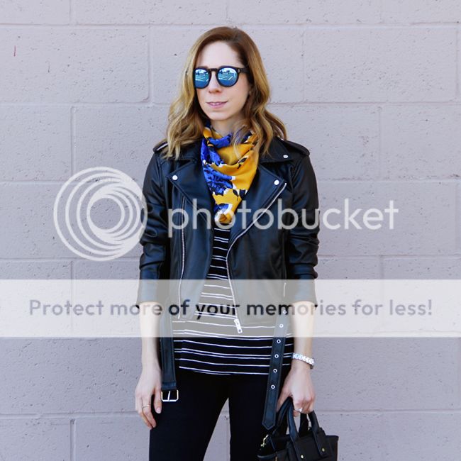 who what wear for target minimal moto jacket, floral scarf, and striped allover print tee