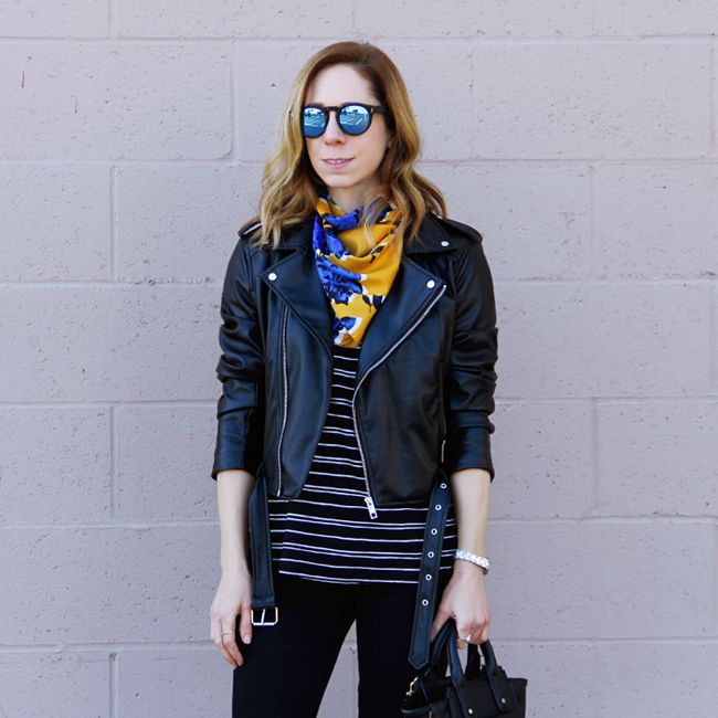 who what wear for target minimal moto jacket, floral scarf, and striped allover print tee