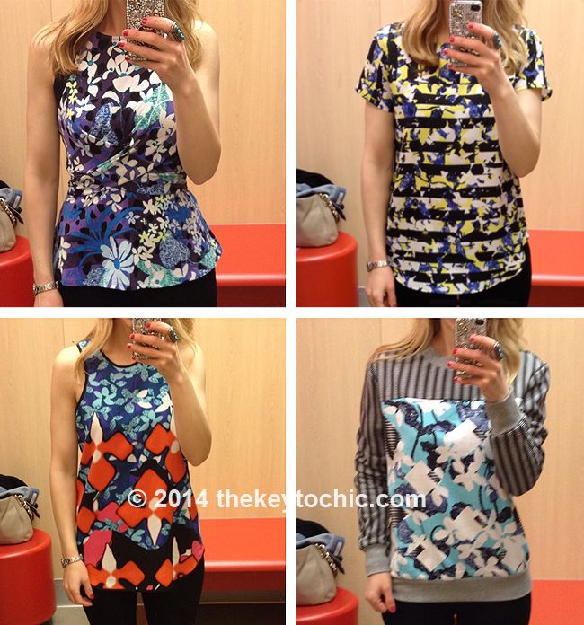 Peter Pilotto for Target floral blouse, stripe shirt, sweatshirt, and red iris tank top