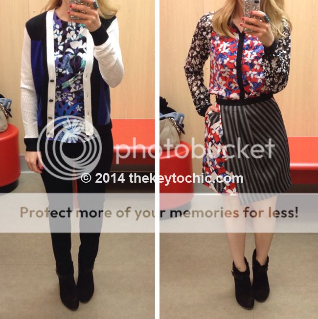 Peter Pilotto for Target colorblock cardigan, print skirt, and floral lace blouse