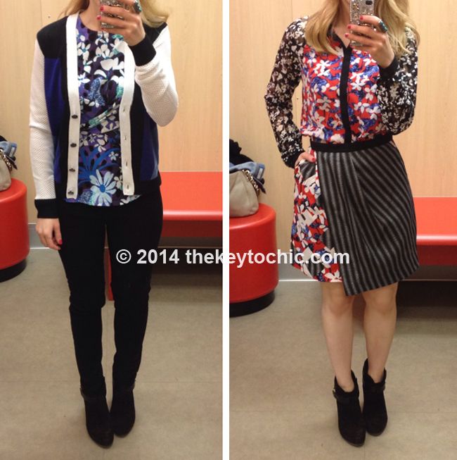 Peter Pilotto for Target colorblock cardigan, print skirt, and floral lace blouse