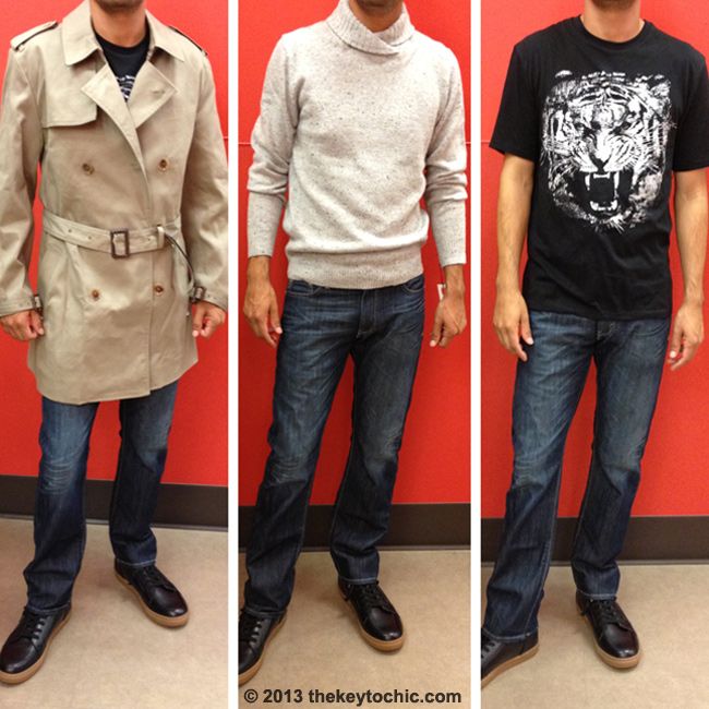 Phillip Lim for Target men's trench coat, tiger tee, and mock neck sweater