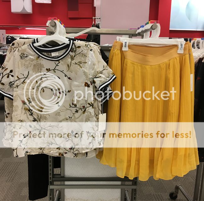 A New Day Target burnout velvet shirt and yellow pleated skirt