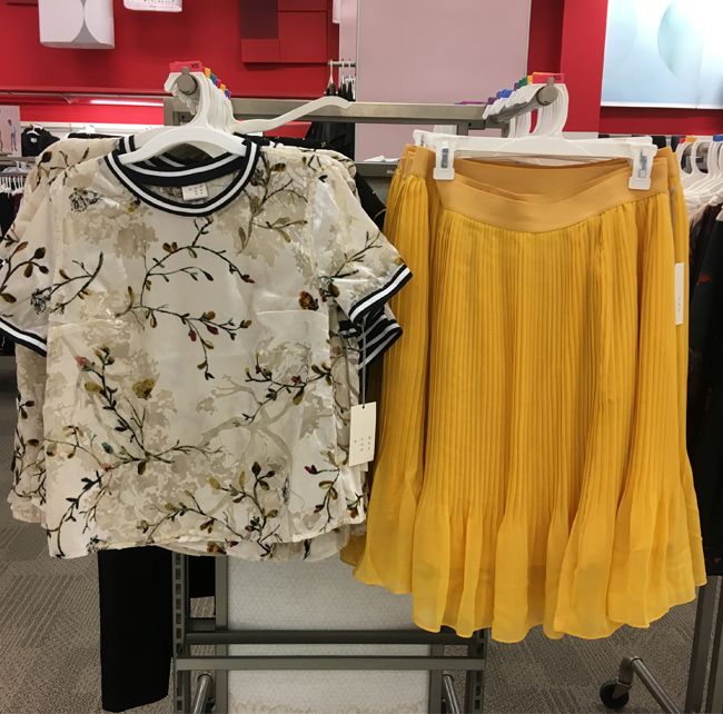 A New Day Target burnout velvet shirt and yellow pleated skirt