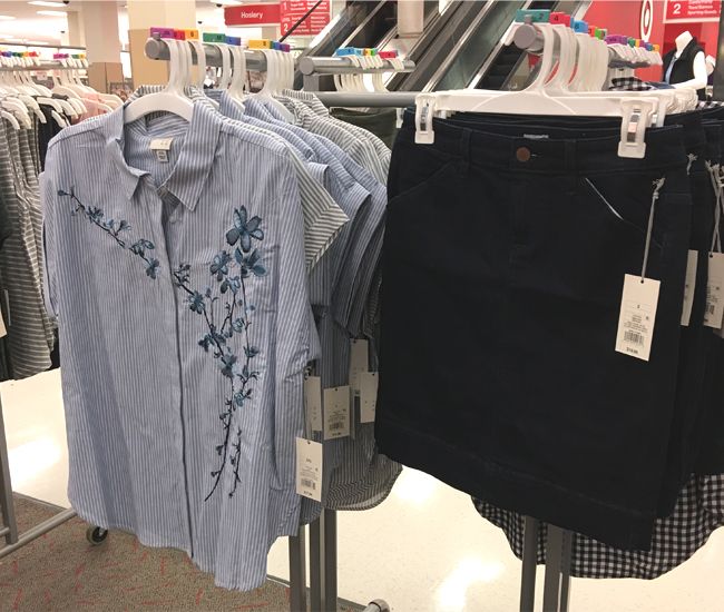 A New Day Target brand embroidered blouse and denim skirt